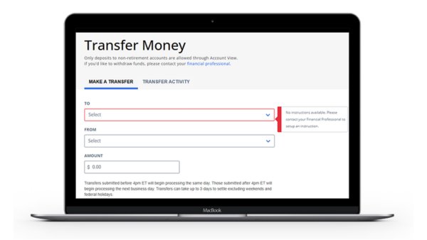 Laptop showing how to transfer money and manage activity 