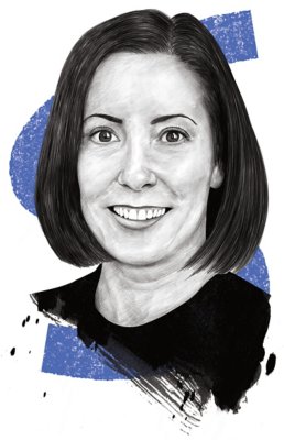 Illustrated portrait of Jennifer Littlefield  with abstract background