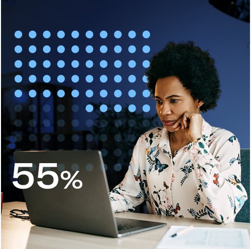Professional woman analyzing data on laptop with 55% graphic