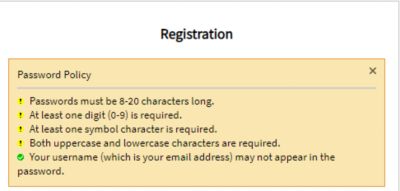 password policy: must be 8-20 characters long; at least one digit; at least one symbol; both uppercase and lowercase required; username (email) may not appear in the password