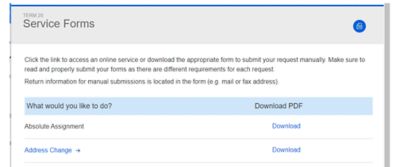 screenshot of the service forms screen post login providing a list of documents available to download