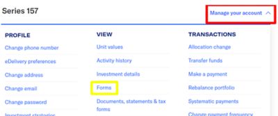 screenshot of the manage your account section on the client dashboard with forms link highlighted